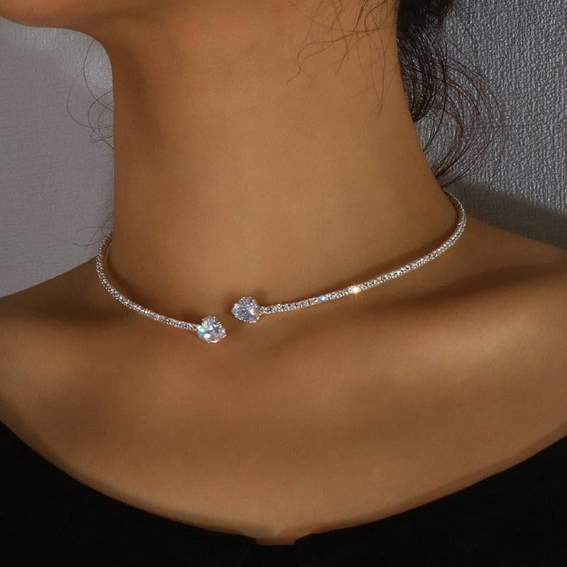 Rhinestone Heart Collar Choker Necklace for Women Silver Color Open Collar Necklace Torques Jewelry — alternate product view