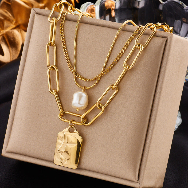 Layered Face Portrait Chain Choker Necklace for Women Pearls Pendant Necklace Jewelry — main product view