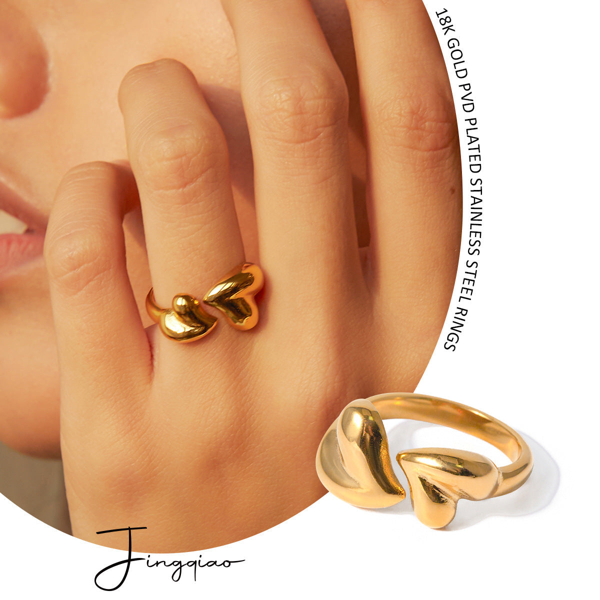 Stainless Steel Asymmetric Heart Shape Open Rings Jewelry for Women — product view