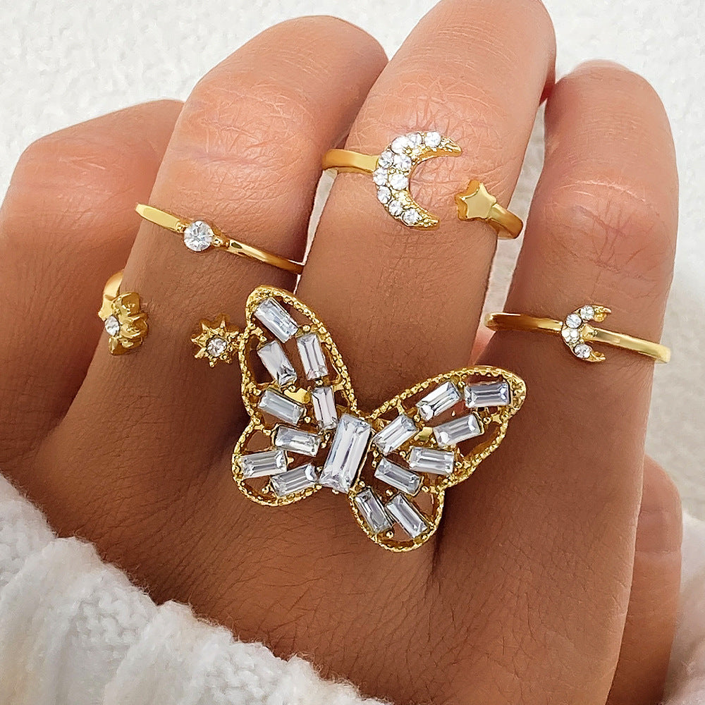 Silver Color Butterfly Rings for Women Lover Vintage Geometric Metal Couple Finger Rings Set Jewelry — main product view