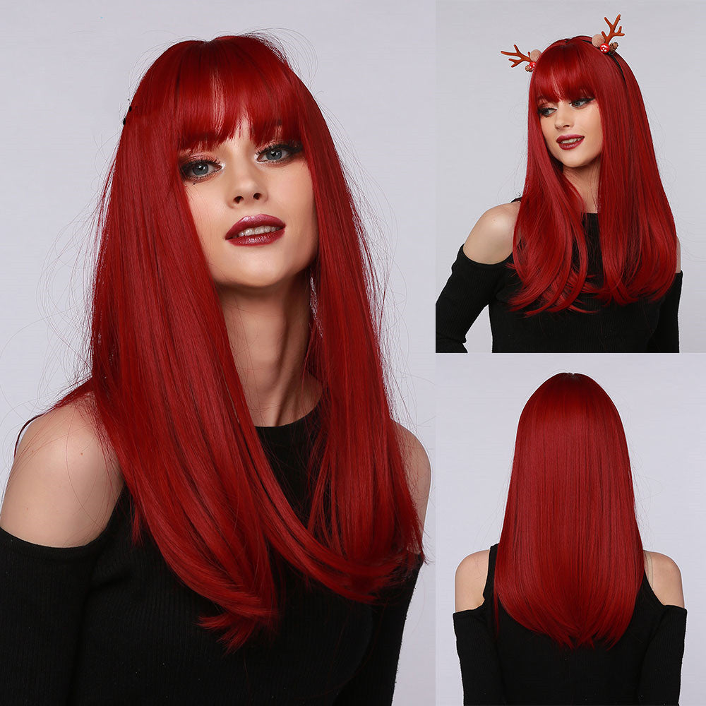 Red Brown Black Multicolor Qi Bangs Medium Length Straight Hair — main product view