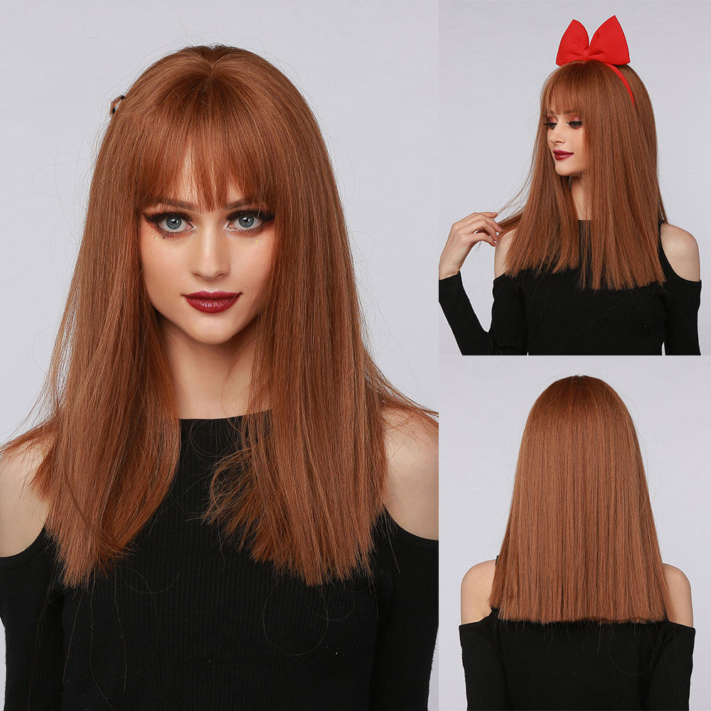 Red Brown Black Multicolor Qi Bangs Medium Length Straight Hair — additional product view