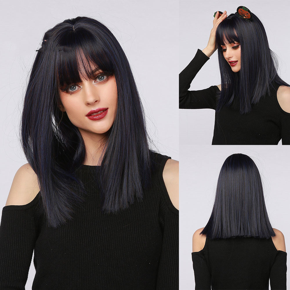 Red Brown Black Multicolor Qi Bangs Medium Length Straight Hair — detail view