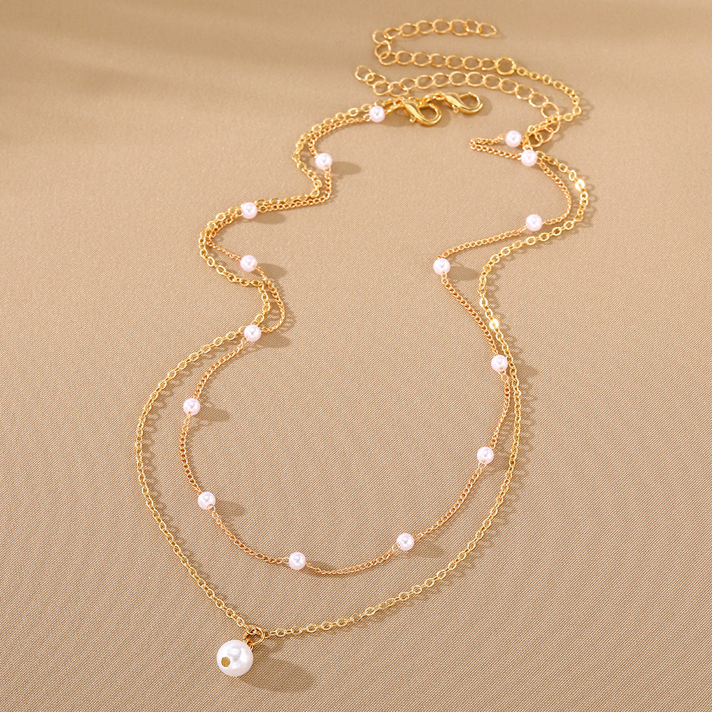Women's Pearl Tassel Pendant Double-layer Necklace Gold Pearl Necklace for Women — additional product view