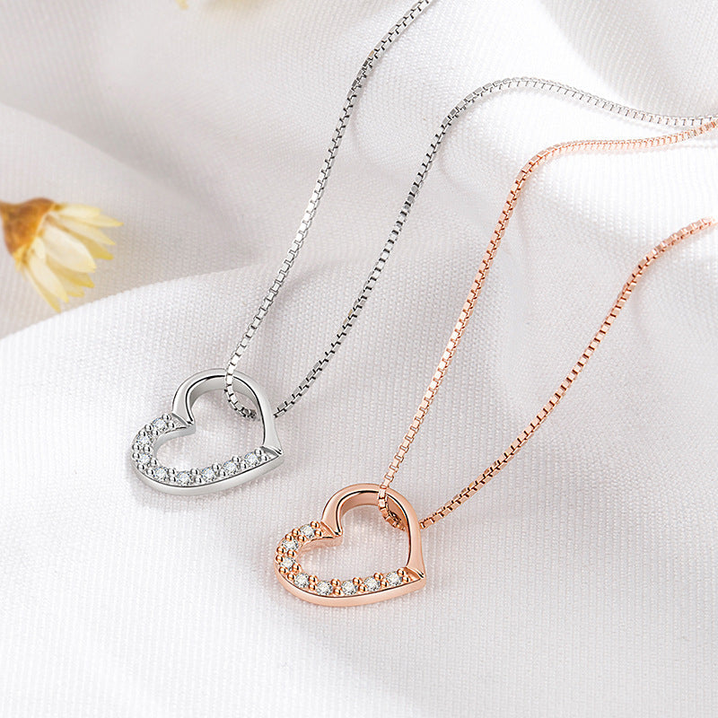 S925 Sterling Silver Love Heart Pendant Necklace for Women Gold Color Clavicle Chain Jewelry — detail view