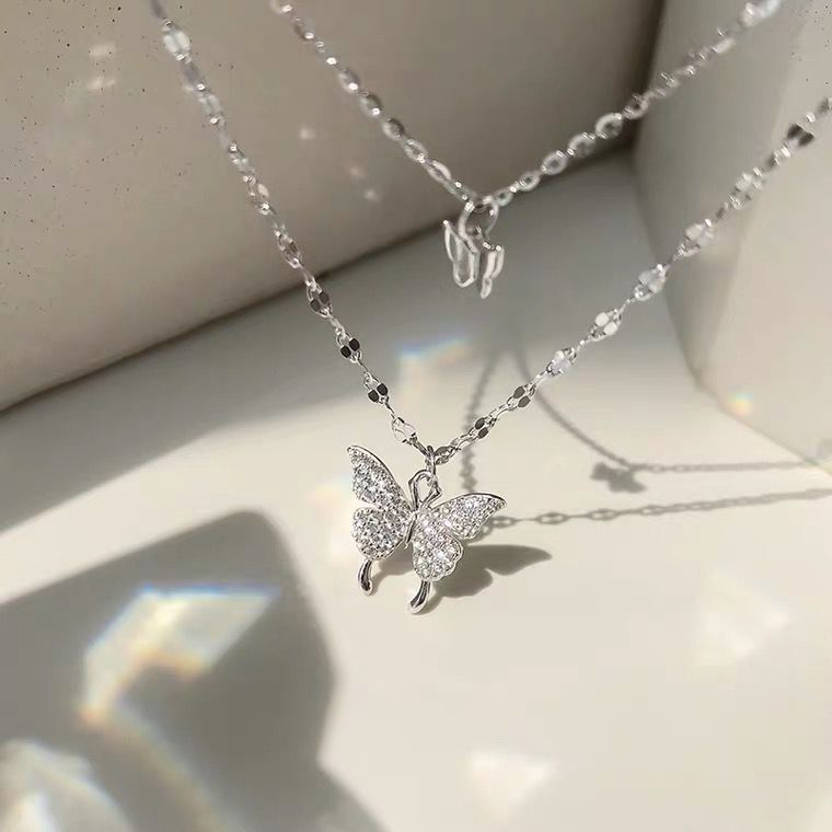 Double Butterfly Necklace Gold Plated Butterfly Pendant Engagement Necklaces for Women — alternate product view