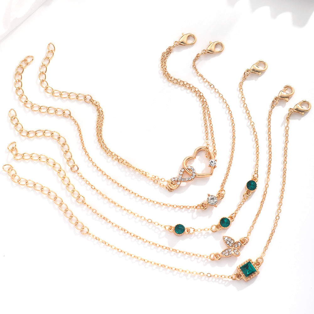 Bohemian 5pc Green Crystal Bracelets Jewelry Set for Women Heart Bracelet Wedding Engagement Bracelet — product detail