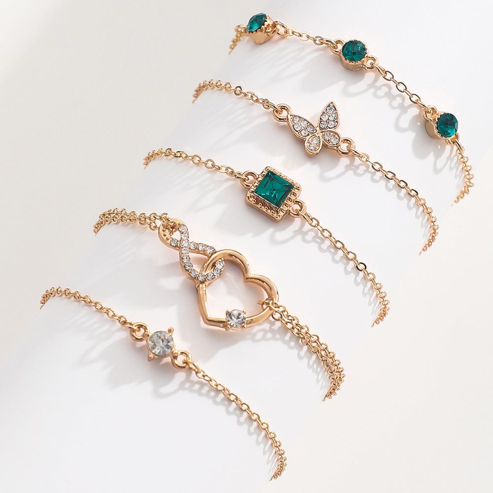 Bohemian 5pc Green Crystal Bracelets Jewelry Set for Women Heart Bracelet Wedding Engagement Bracelet — detail view