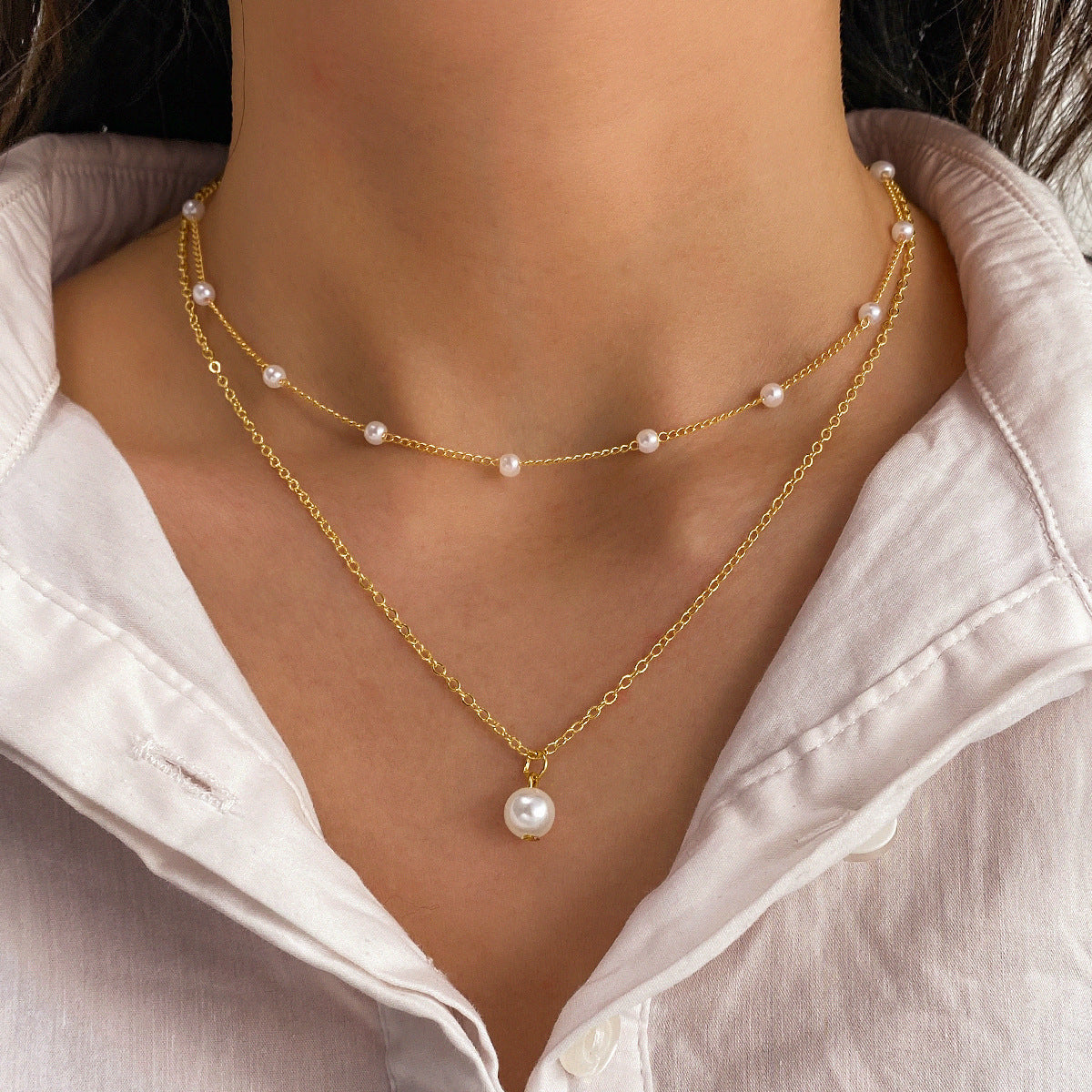 Women's Pearl Tassel Pendant Double-layer Necklace Gold Pearl Necklace for Women — main product view