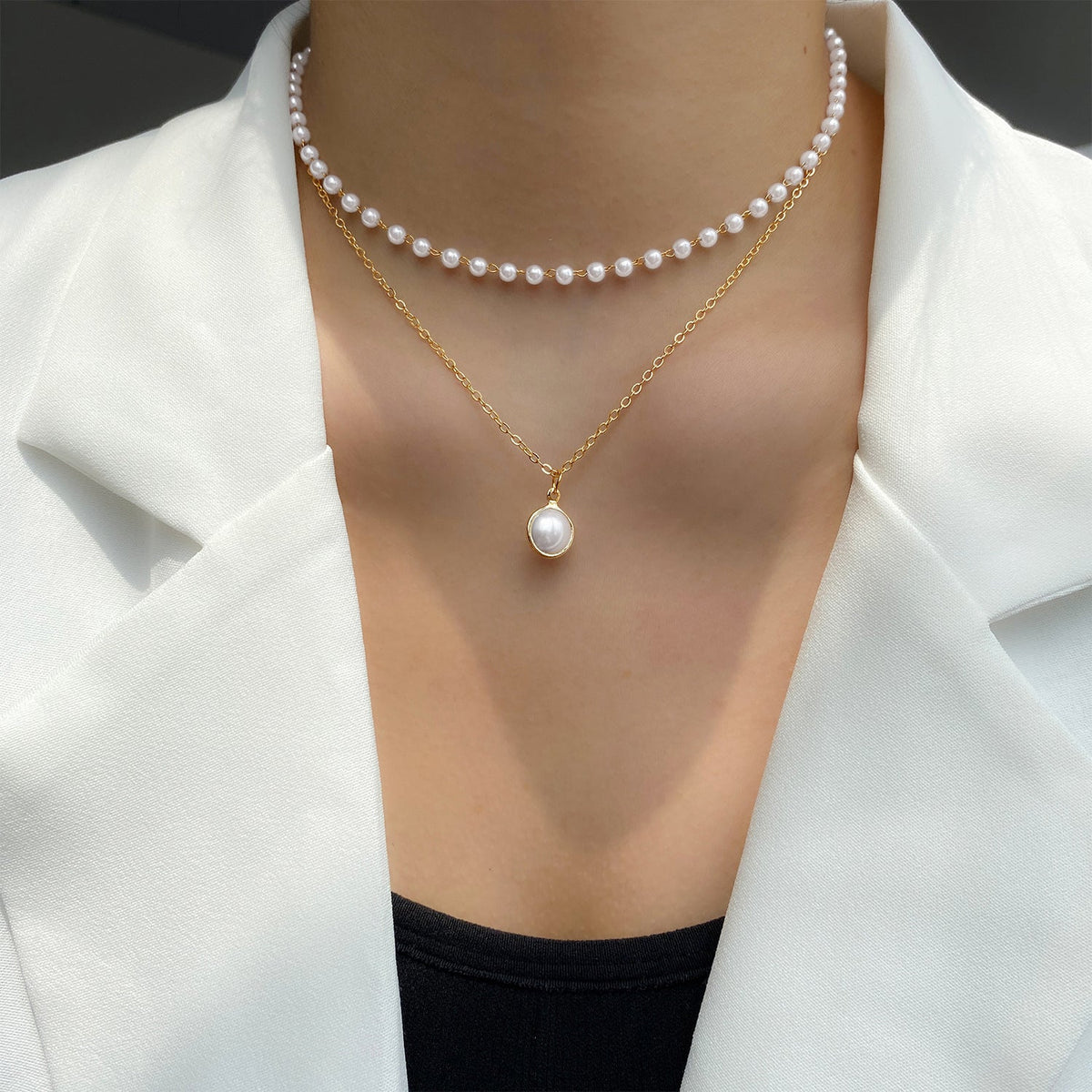Women's Pearl Tassel Pendant Double-layer Necklace Gold Pearl Necklace for Women — alternate product view