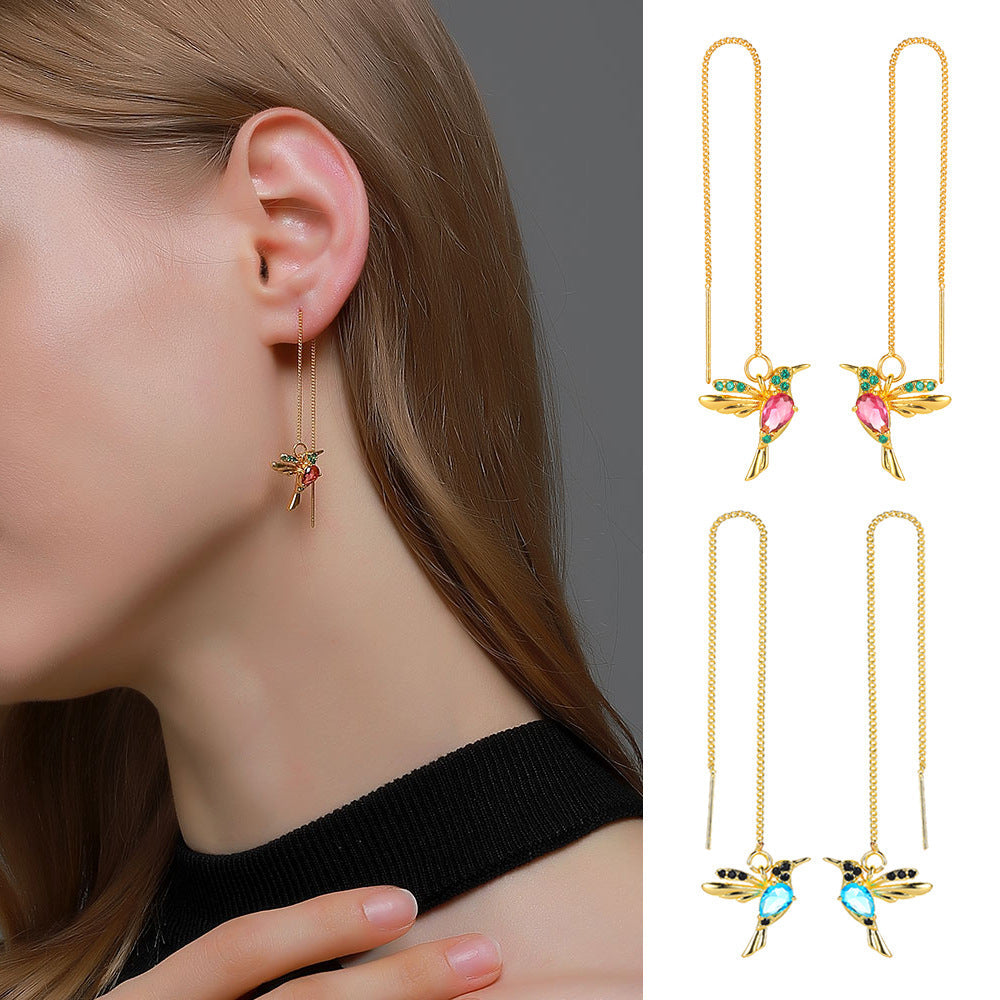 Little Bird Drop Long Hanging Hummingbird Earrings for Women Tassel Crystal Pendant Earring Jewelry — main product view