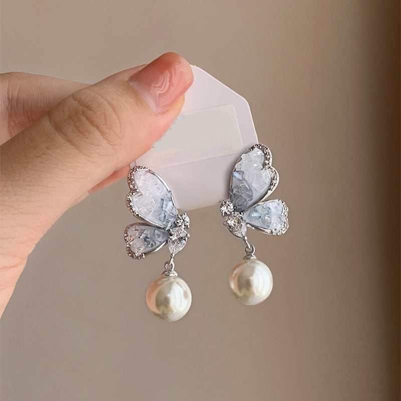Gradient Butterfly Pearl Earrings with Rhinestones Personalized Earrings for Women Jewelry — alternate product view