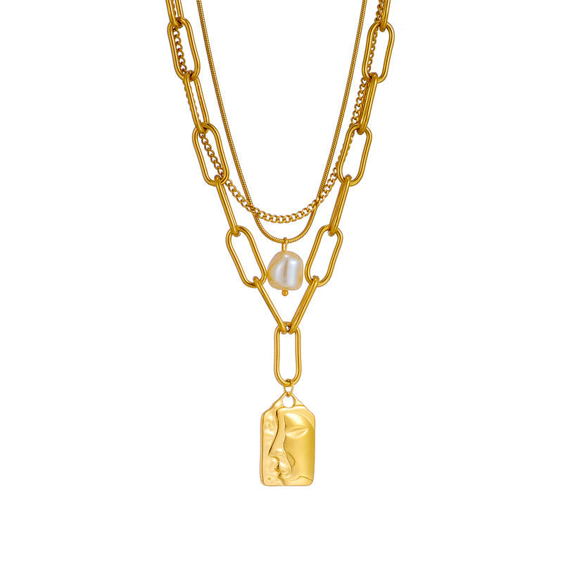 Layered Face Portrait Chain Choker Necklace for Women Pearls Pendant Necklace Jewelry — alternate detail