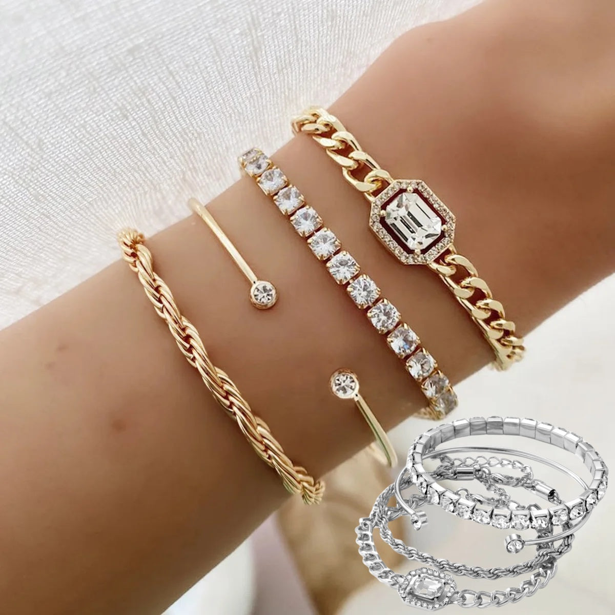4 Pcs Crystal Bracelet Set Bohemian Design for Women Vintage Twisted Cuff Chains Armband Jewelry — main product view