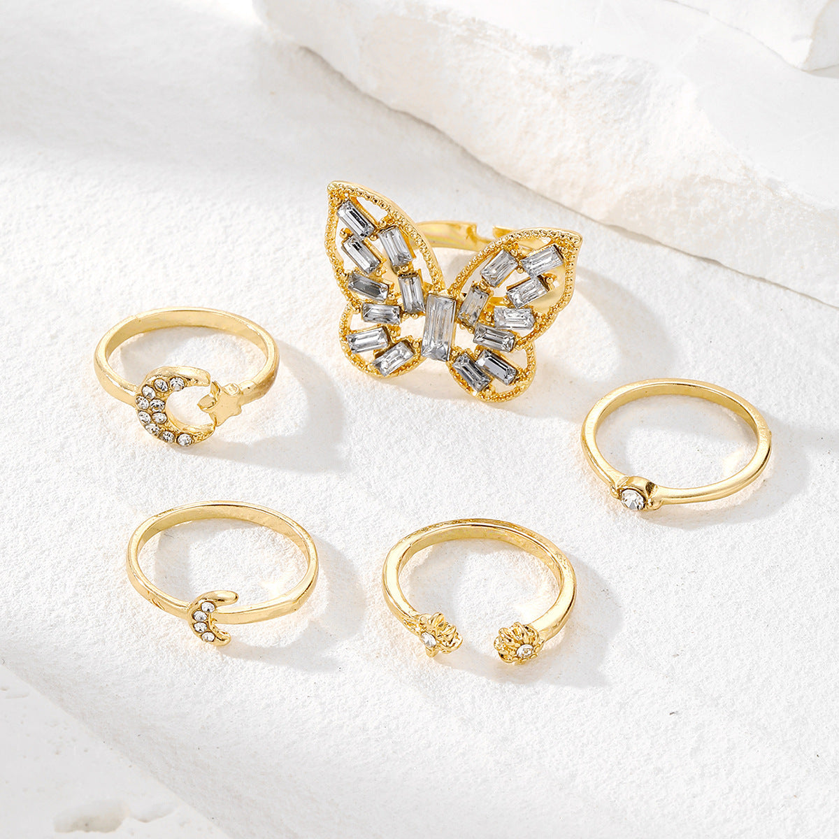 Silver Color Butterfly Rings for Women Lover Vintage Geometric Metal Couple Finger Rings Set Jewelry — detail view