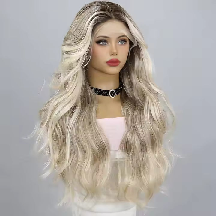 T-shaped Lace Gold Gradient Wavy Curly Hair Wigs — detail view
