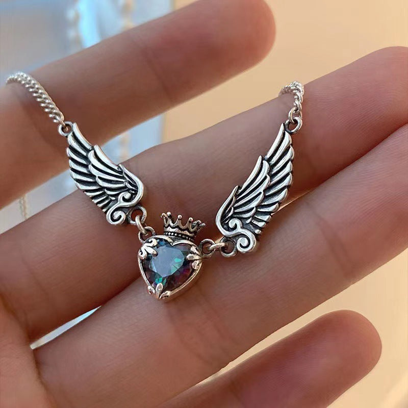 Vintage Gothic Heart Crown Angel Wings Pendant Necklaces for Women Exquisite Love Shape Clavicle Chain Choker Jewelry — detail view