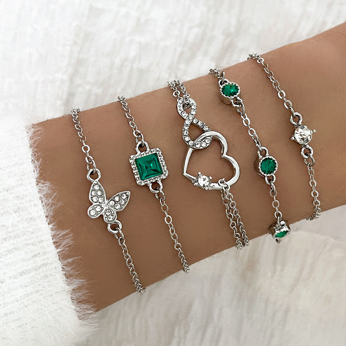 Bohemian 5pc Green Crystal Bracelets Jewelry Set for Women Heart Bracelet Wedding Engagement Bracelet — alternate product view
