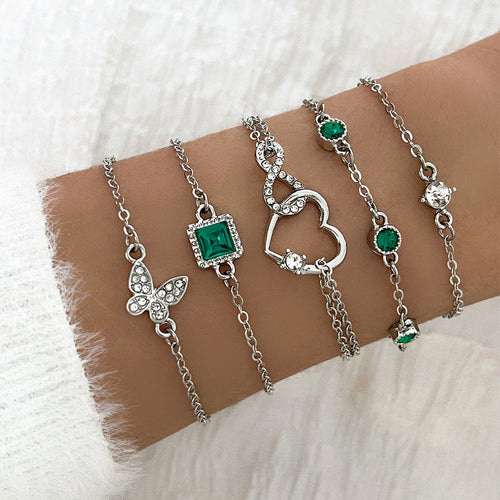 Bohemian 5pc Green Crystal Bracelets Jewelry Set for Women Heart Bracelet Wedding Engagement Bracelet — alternate product view