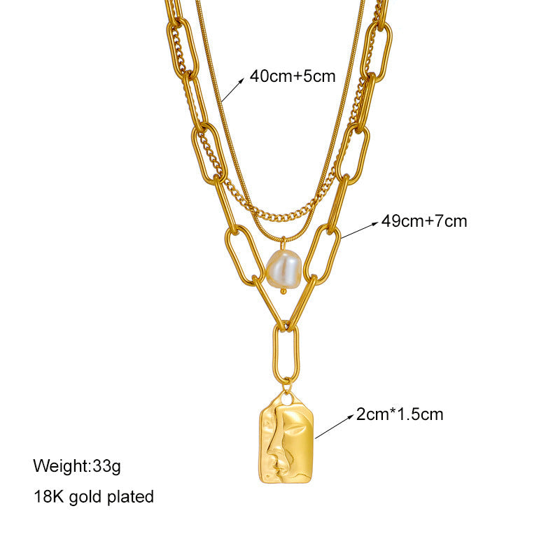 Layered Face Portrait Chain Choker Necklace for Women Pearls Pendant Necklace Jewelry — additional product view