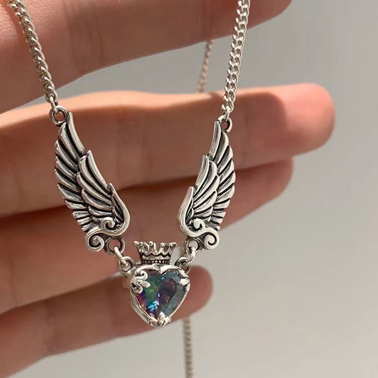 Vintage Gothic Heart Crown Angel Wings Pendant Necklaces for Women Exquisite Love Shape Clavicle Chain Choker Jewelry — additional product view