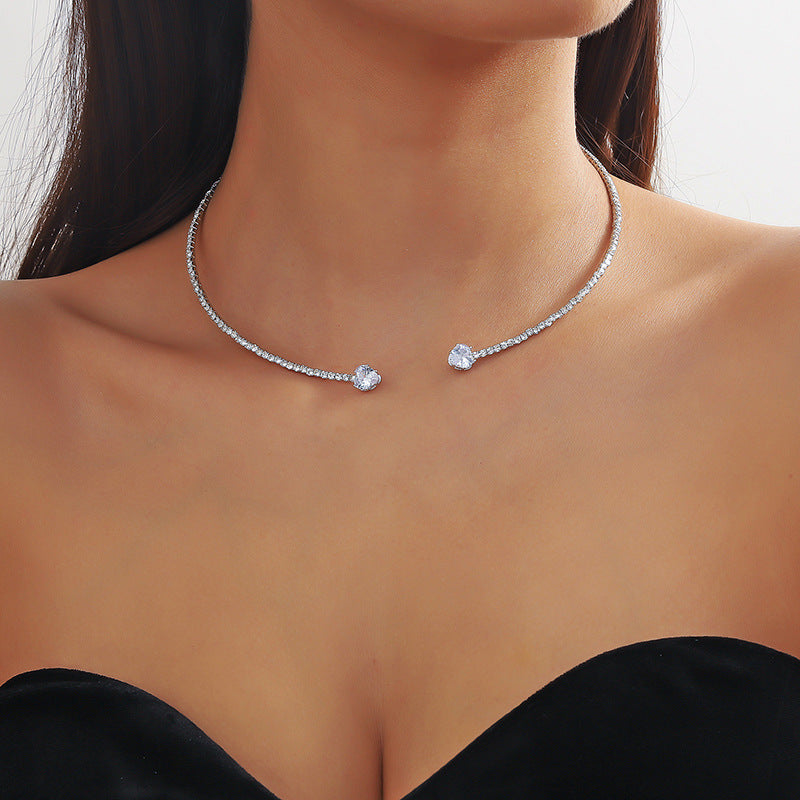 Rhinestone Heart Collar Choker Necklace for Women Silver Color Open Collar Necklace Torques Jewelry — detail view