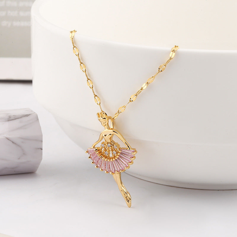 Ballet-women-shaped Necklace Rhinestone Clavicle Chain Jewelry for Women — detail view