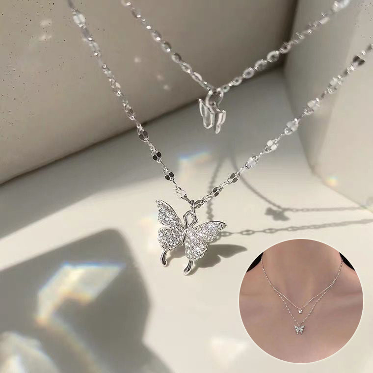 Double Butterfly Necklace Gold Plated Butterfly Pendant Engagement Necklaces for Women — main product view