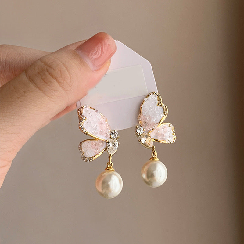 Gradient Butterfly Pearl Earrings with Rhinestones Personalized Earrings for Women Jewelry — detail view