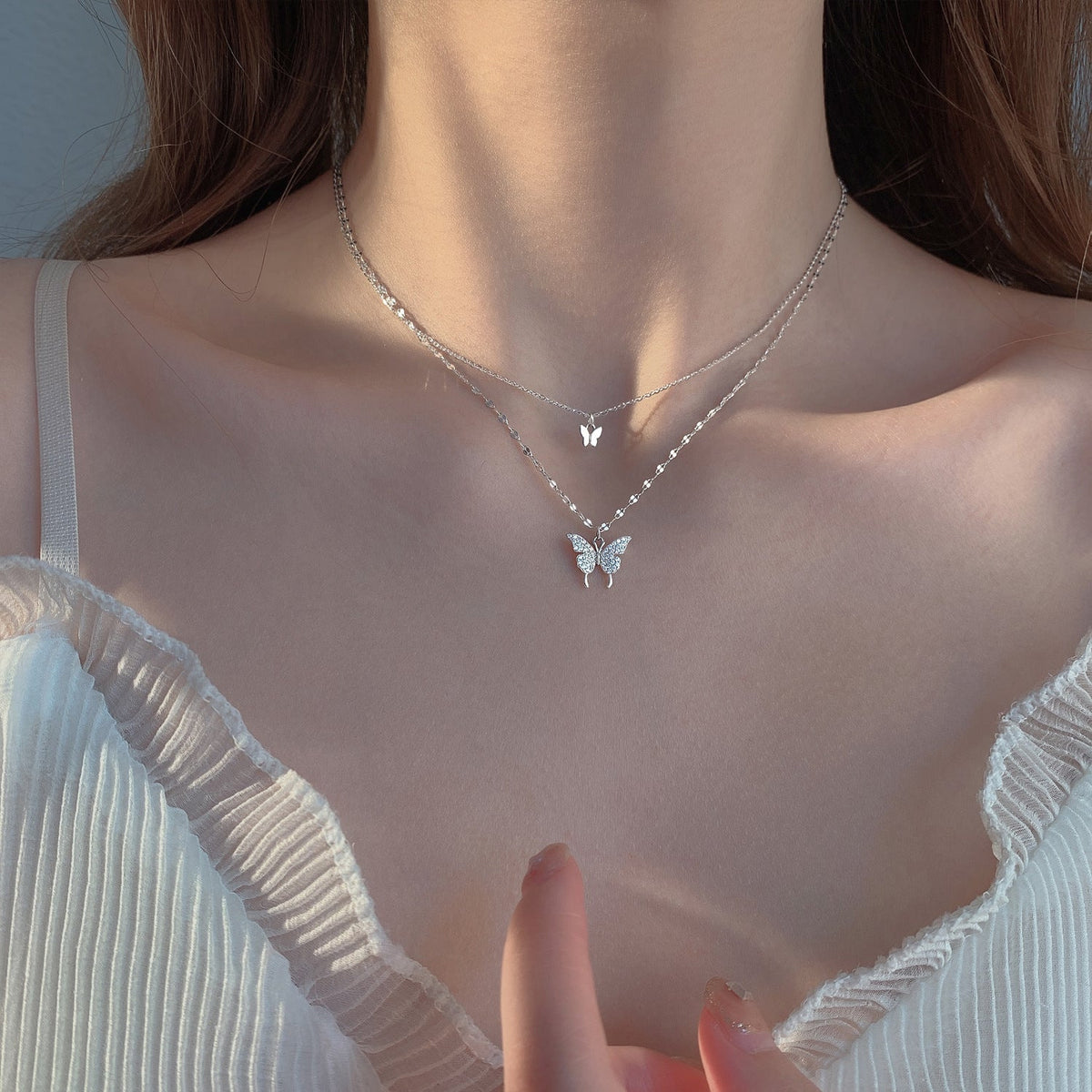 Double Butterfly Necklace Gold Plated Butterfly Pendant Engagement Necklaces for Women — detail view
