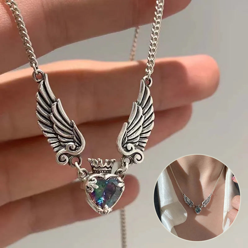 Vintage Gothic Heart Crown Angel Wings Pendant Necklaces for Women Exquisite Love Shape Clavicle Chain Choker Jewelry — main product view