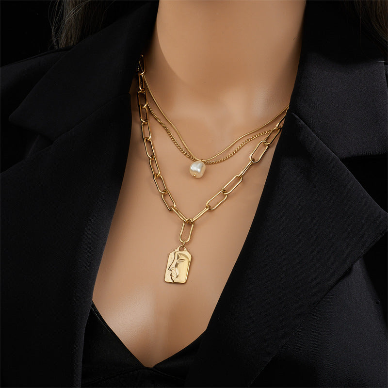 Layered Face Portrait Chain Choker Necklace for Women Pearls Pendant Necklace Jewelry — alternate product view