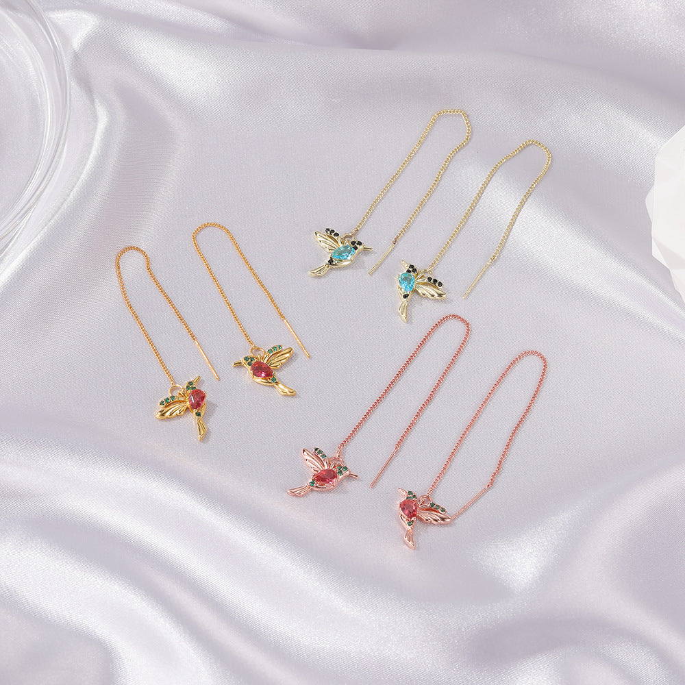 Little Bird Drop Long Hanging Hummingbird Earrings for Women Tassel Crystal Pendant Earring Jewelry — detail view