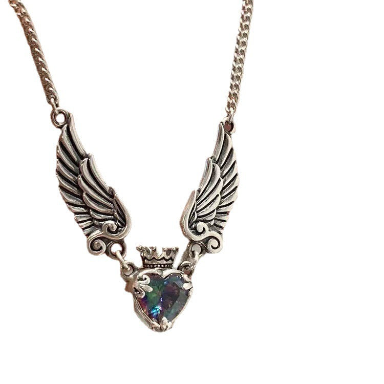 Vintage Gothic Heart Crown Angel Wings Pendant Necklaces for Women Exquisite Love Shape Clavicle Chain Choker Jewelry — alternate detail