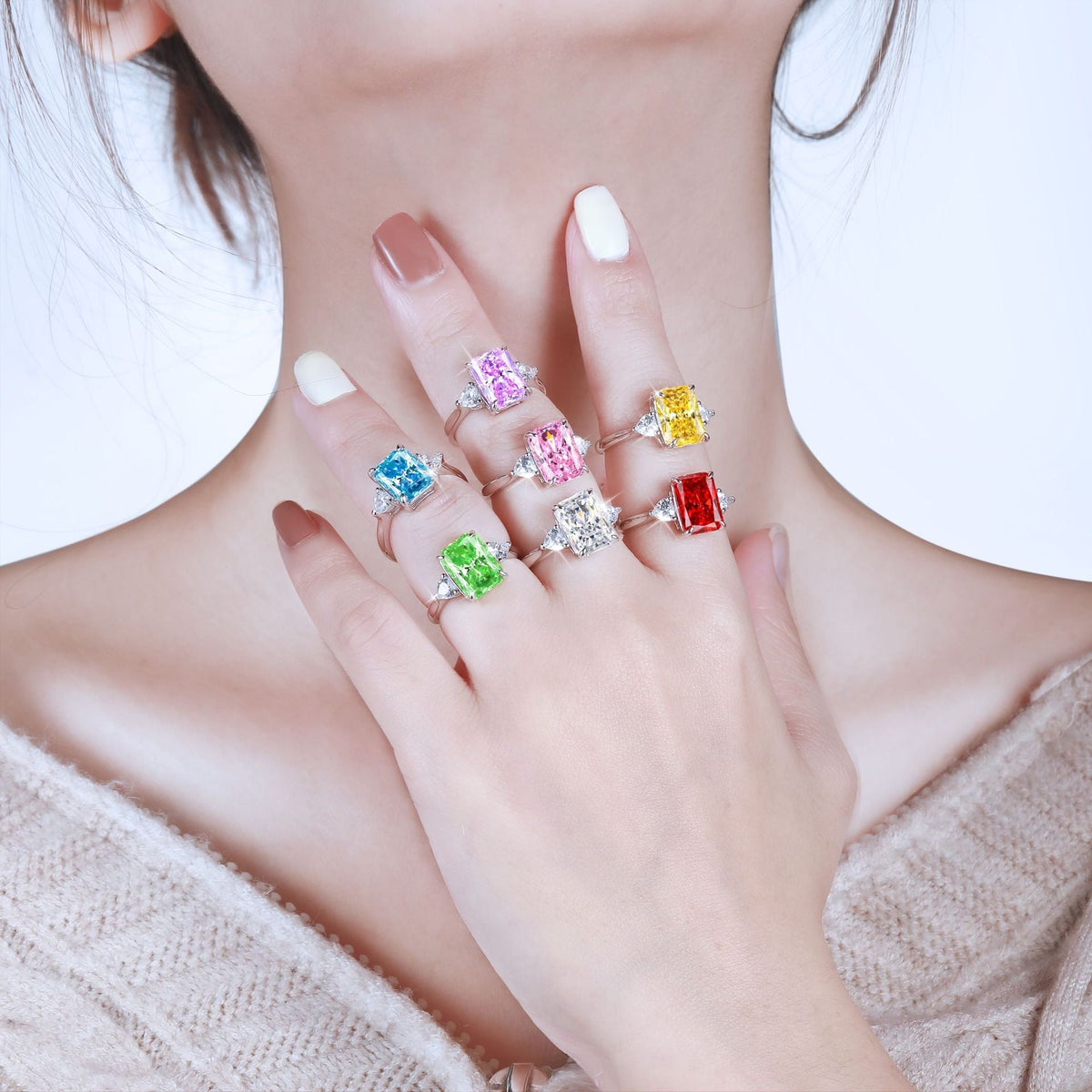 S925 Colorful Rectangular Rhinestone Ring Love Rings for Women Jewelry — detail view