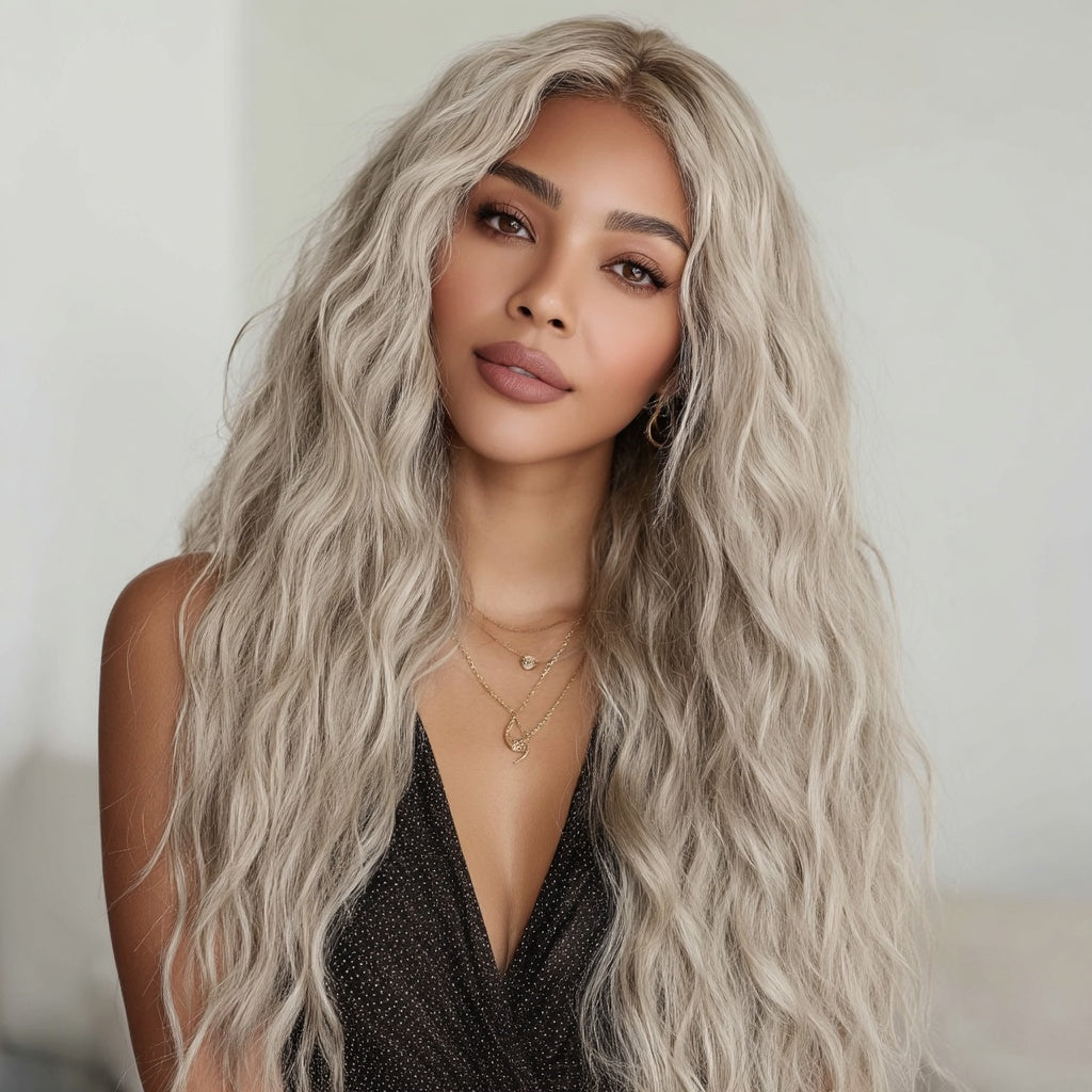 T-shaped Lace Front Wig Gray Gradient Wavy Curly Hair Wig for Women Sm9017 — detail view