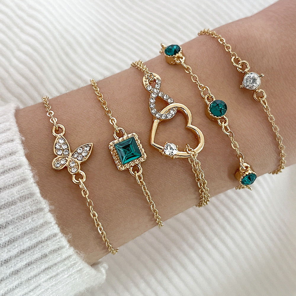 Bohemian 5pc Green Crystal Bracelets Jewelry Set for Women Heart Bracelet Wedding Engagement Bracelet — product view
