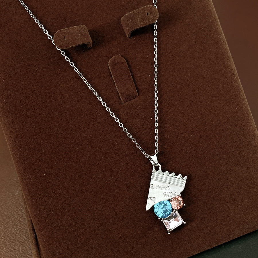 Stainless Steel Crystal Pendant Necklace for Women Colorful Gemstone Geometric Choker Jewelry — detail view