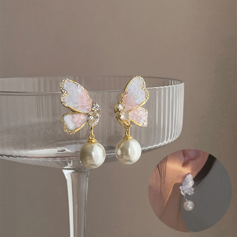 Gradient Butterfly Pearl Earrings with Rhinestones Personalized Earrings for Women Jewelry — main product view