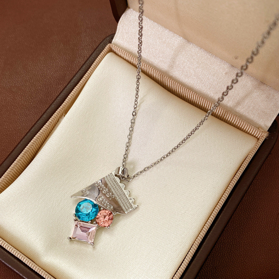 Stainless Steel Crystal Pendant Necklace for Women Colorful Gemstone Geometric Choker Jewelry — main product view