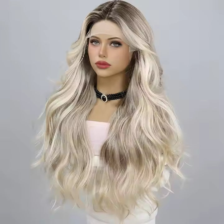 T-shaped Lace Gold Gradient Wavy Curly Hair Wigs — main product view